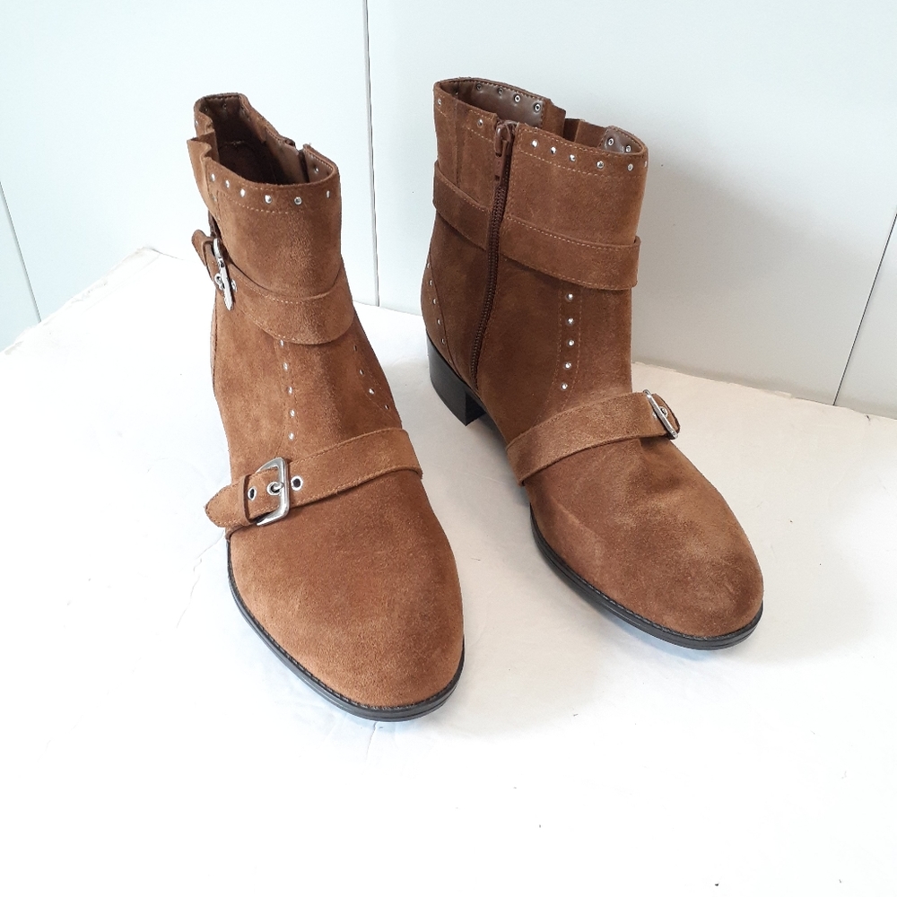 Isaac Mizrahi Brown Suede Ankle Boots with Buckle & Stud Detail NWOT